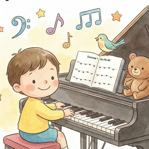 Sight-Reading Adventure app icon: a child playing a grand piano with an open exercise book.