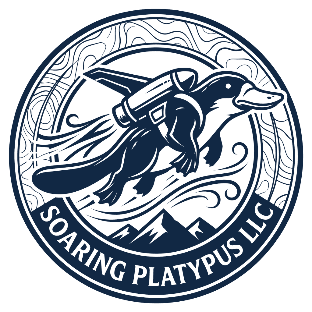 The Soaring Platypus LLC seal: a platypus wearing a jetpack, soaring over mountains.